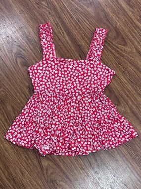SO Red and White Floral Ruffle Tank Top